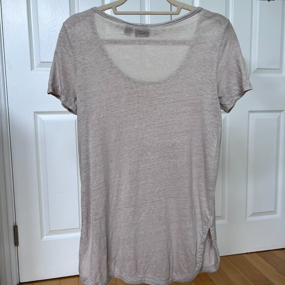 Kenar 100% Linen Sand Beige Scoop Neck Split Hem Short Sleeve Tee T Shirt Tunic - Picture 3 of 5